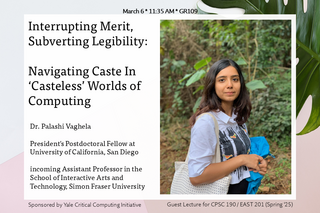 This is an event poster of a guest lecture. On the left half, texts of the lecture title, lecture's name, and her profile is shown. The right half features a picture of a person of South Asian heritage, medium dark brown hair and olive medium brown skin tone standing in a forest with a tote bag and a blue jacket in hand. 